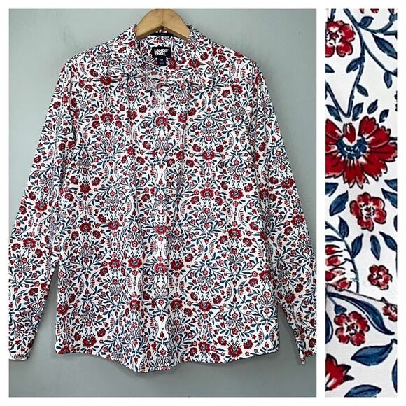 Lands End Size 12 Red White Blue Floral No Iron Button Up Shirt Office Preppy - Picture 1 of 14